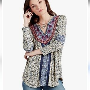 Lucky Brand Women's Boho Embroidered Flowy Paisley Shirt Top Blouse, 3/4 length